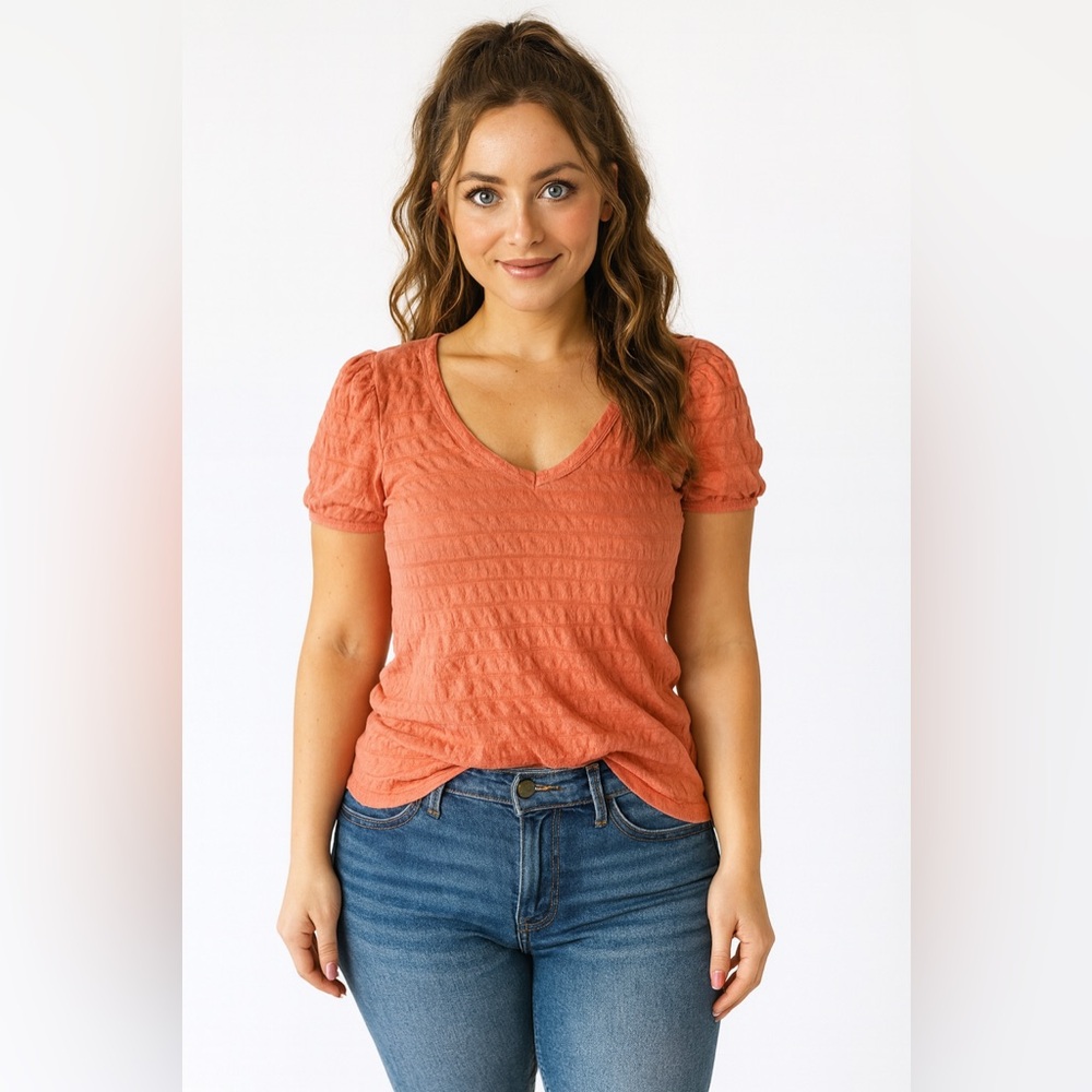 We The Free Peach Textured Short Sleeve Top